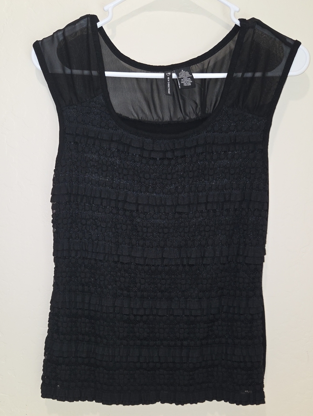 New Directions Black Lace Ruffle Sheer-Panel Tank